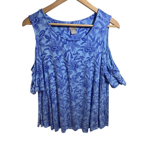 Chico's Tops - Chico's Cold Shoulder Top Women Size 2 Blue Excellent Floral Tropical Print